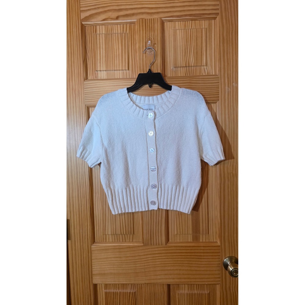 Pink Rose White Short Sleeve Cropped Cardigan Sweater Large PS6S11520